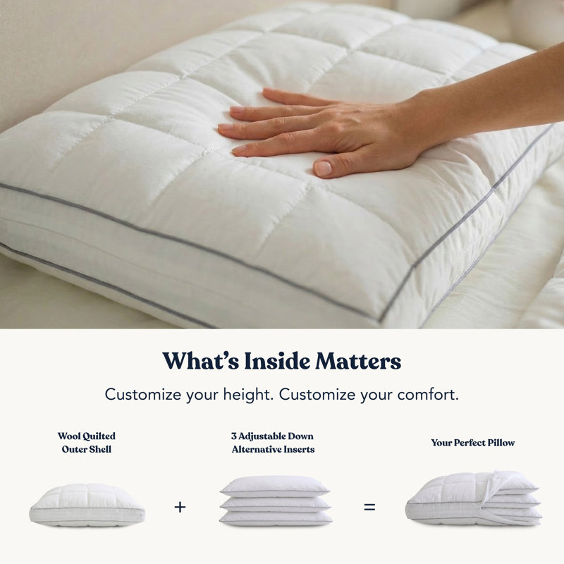 Delara 3-in-1 Adjustable New Zealand Wool Pillow - GOTS Certified Organic Cotton Shell, 200 GSM Wool Quilted Cover, Baffle Box, Side/Back/Stomach Sleepers, Spine-Alignment Friendly - Queen 20"×30"