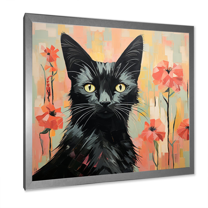 Chat noir dans les fleurs - art mural chat, Cadre simple argenté, H 30 po x l 30 po x P 1,5 po