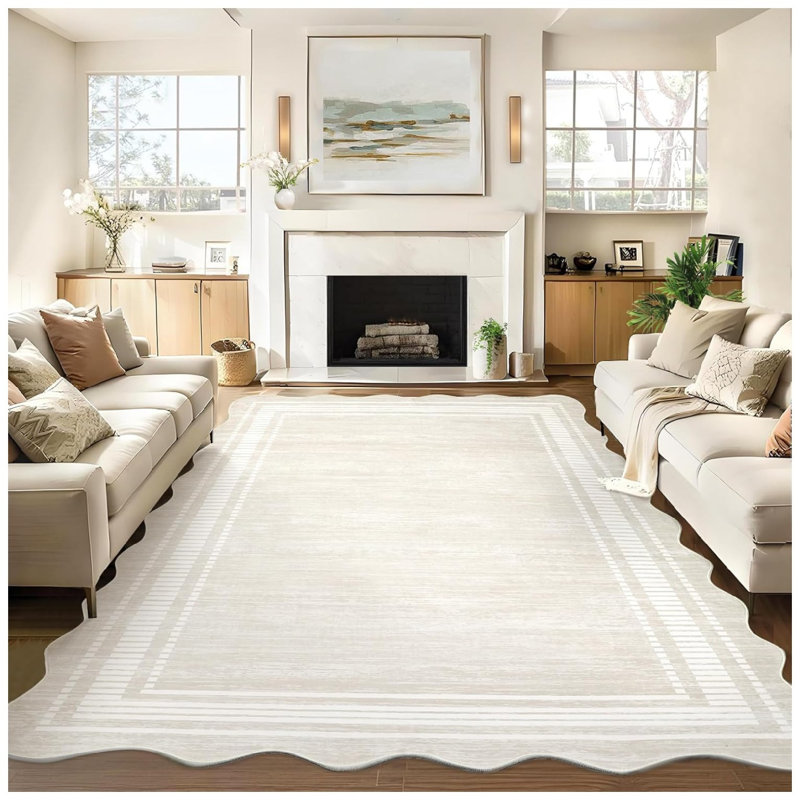 Washable Rugs 8x10 ft Rug Modern Scalloped Solid Rugs for Living Room Soft Bedroom Rug Stain Resistant NonShedding Accent Carpet Low Pile Floor Cover for Office Classroom Nursery-Beige
