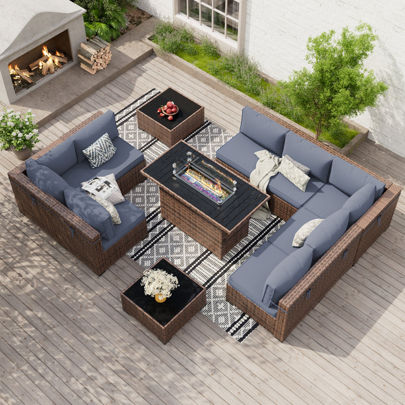 Mecayla 8-Person Rattan Set with Fire Pit Table, 2 Coffee Tables, Gray