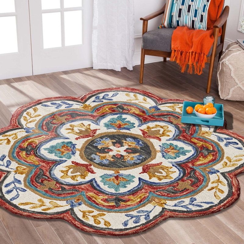 Tapis rond rouge / bleu / orange en laine noué à la main Padula, Rond 6 pi