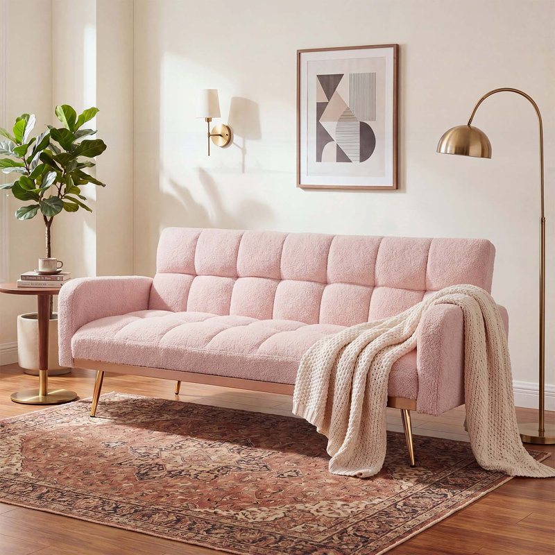 Canapé-lit ajustable en polaire de 69 pouces, multifonctionnel et confortable pour les petits espaces, Ourson rose