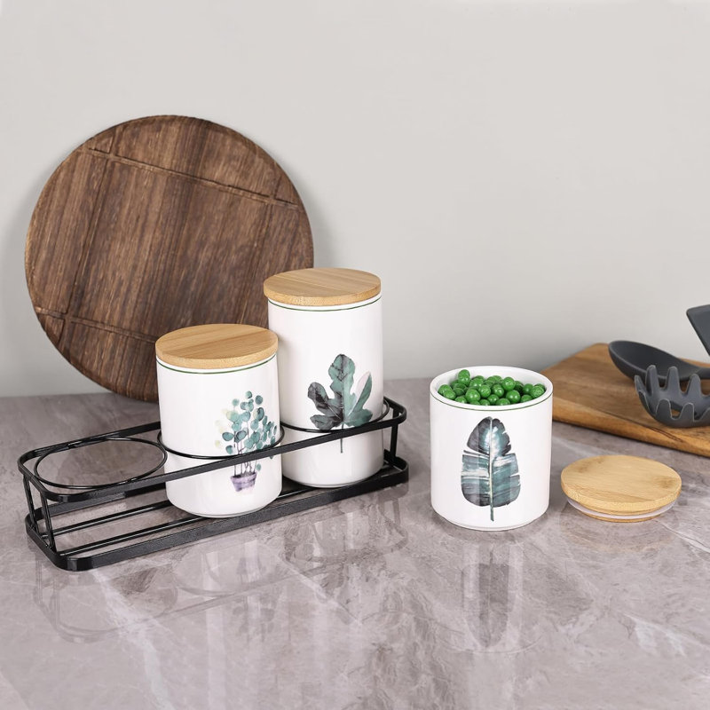 Green Ceramic Kitchen Canisters Set with Bamboo Lids and Tiered Shelf