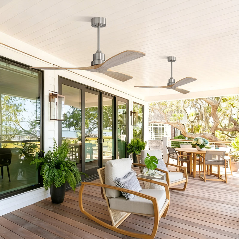 Ventilateur de plafond en bois massif intelligent à 3 pales de 52 po Kemp sans lumière, nickel sable et beige