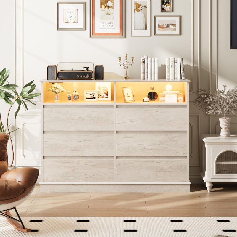 6 Drawer Dresser for Bedroom with Power Outlet, Modern Double Dresser with LED Lights, Wide Dresser Organizer with Open Shelf Storage for Closet Bedroom Living Room Hallway, Oak