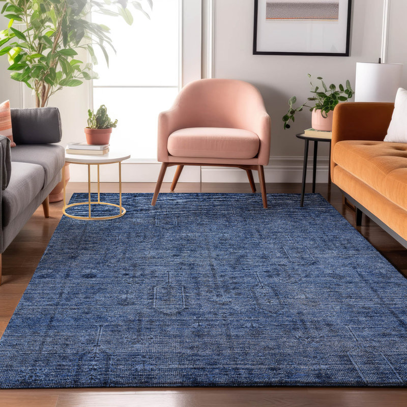 Premium Machine Washable Prisco Navy Rug, Rectangle 5' x 7'6"