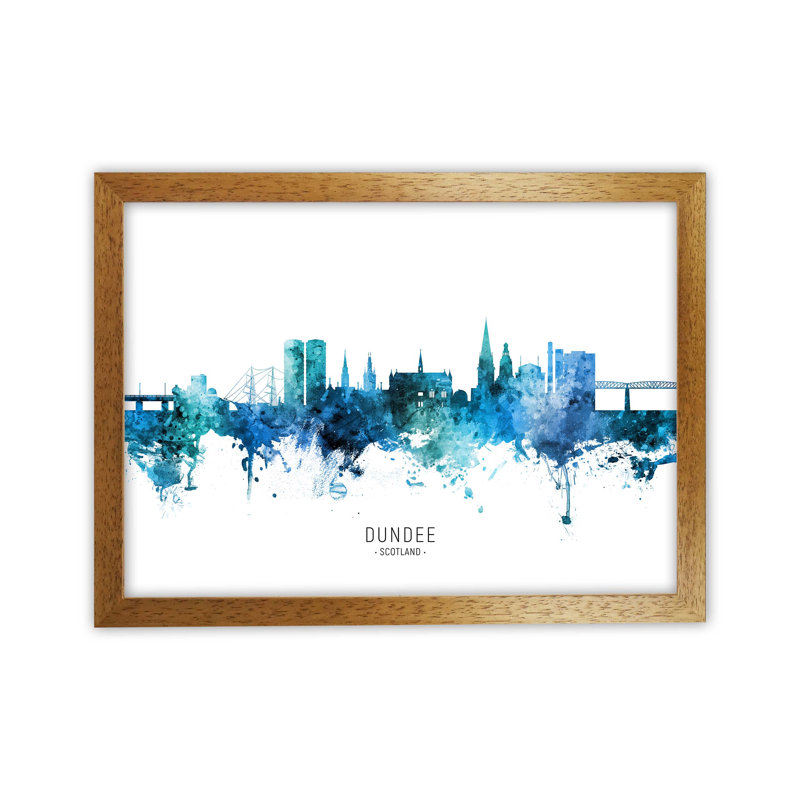 Dundee Scotland Skyline Blue City Name by Michael Tompsett - Print, Oak Framed, 34cm H x 46cm W x 3cm D