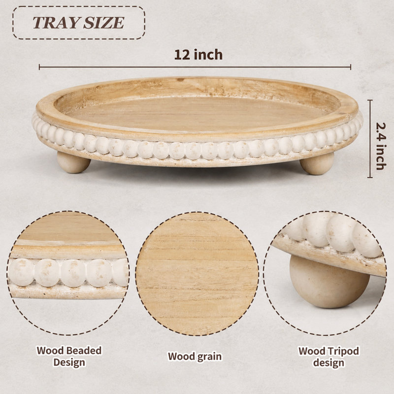 Round Distressed Beaded Wooden Decorative Tray, Light Brown