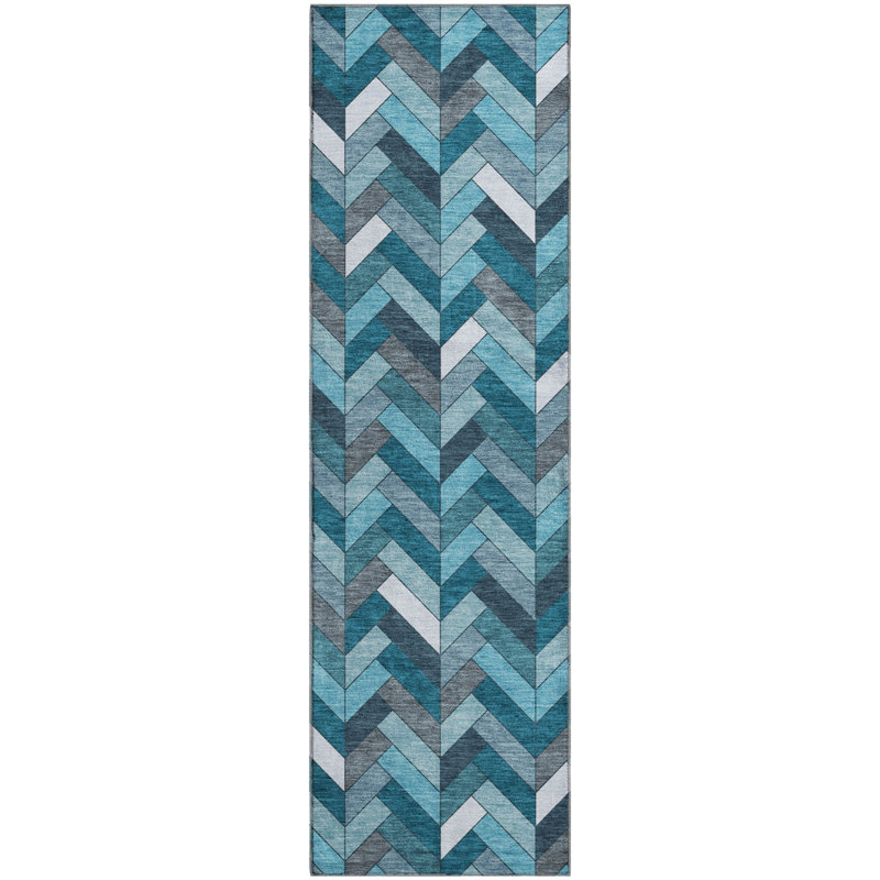 Premium Machine Washable Mayfield AMF2296 Geometric Rug, Teal, 2'3" x 7'6" Runner