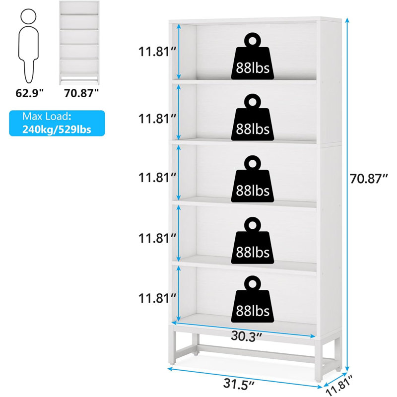 Duty Free-Standing Bookshelf Shelving Unit,White Display Case,70.8”