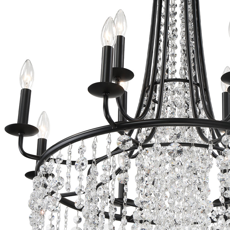12 - Light Candle Style Wagon Wheel Chandelier with Crystal Accents, Black