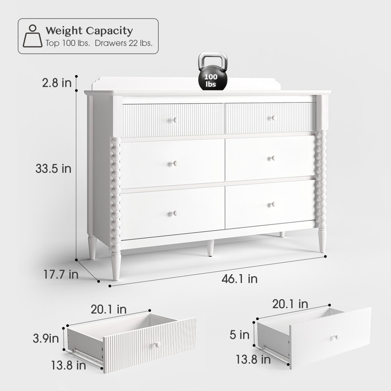 6 Drawer Dresser with Storage, Wide Chest Of Drawers For Nursery, Bedroom, White