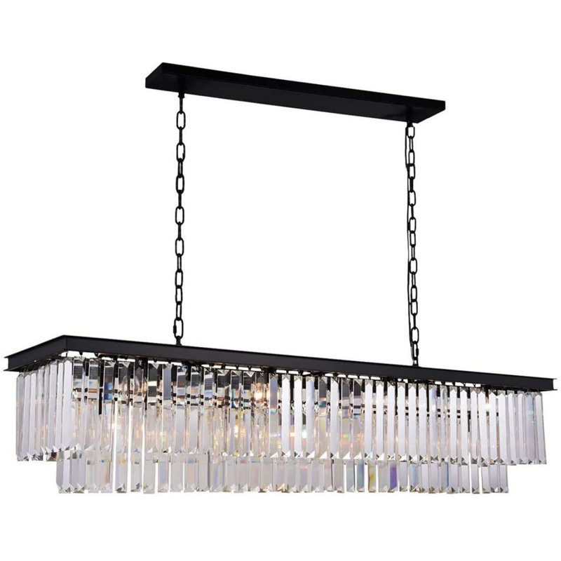 Lustre rectangulaire 40 po à franges en cristal, finition noire et verre transparent