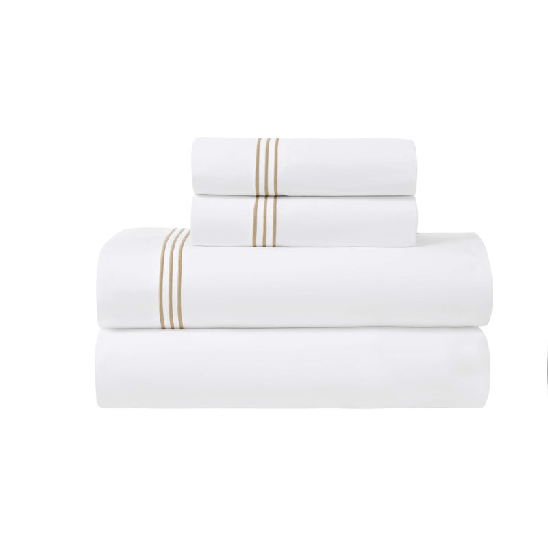 Brandon Cotton Three-Line Embroidered Deep Pocket Bed Sheet Set by Superior, White/Gold, King Sheet Set with 2 Pillowcases