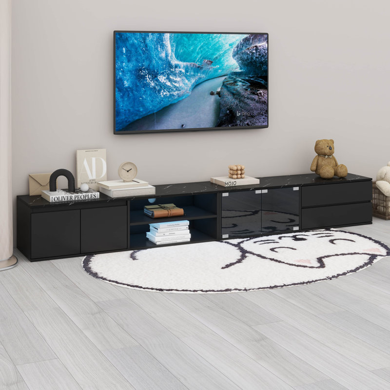 Modern APP Controlled LED TV Stand With Tempered Glass Doors, 2 Drawers & Cabinets, Black