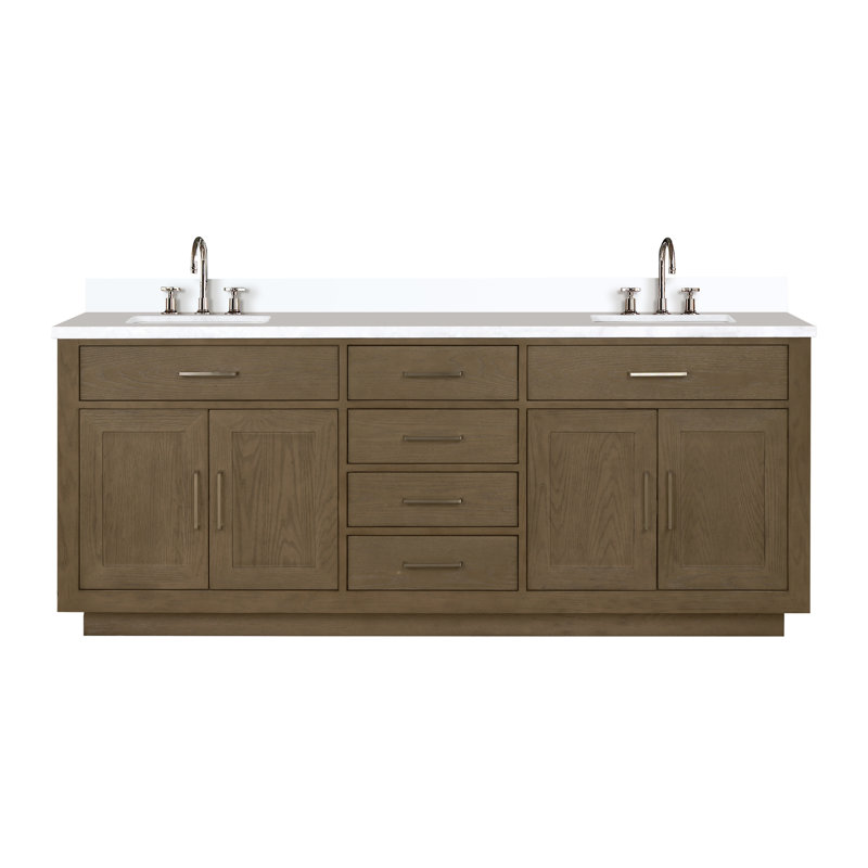 Meuble-lavabo double 80 po, Chêne gris, Quartz blanc