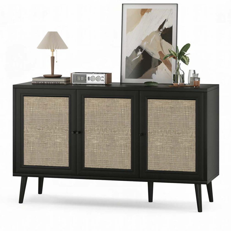 3 Rattan Doors Storage Accent Cabinet, Black