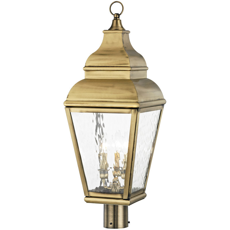10 Inch 3 Light Post Lantern Pendant with Clear Water Glass - Outdoor Lighting Fixture., Antique Brass