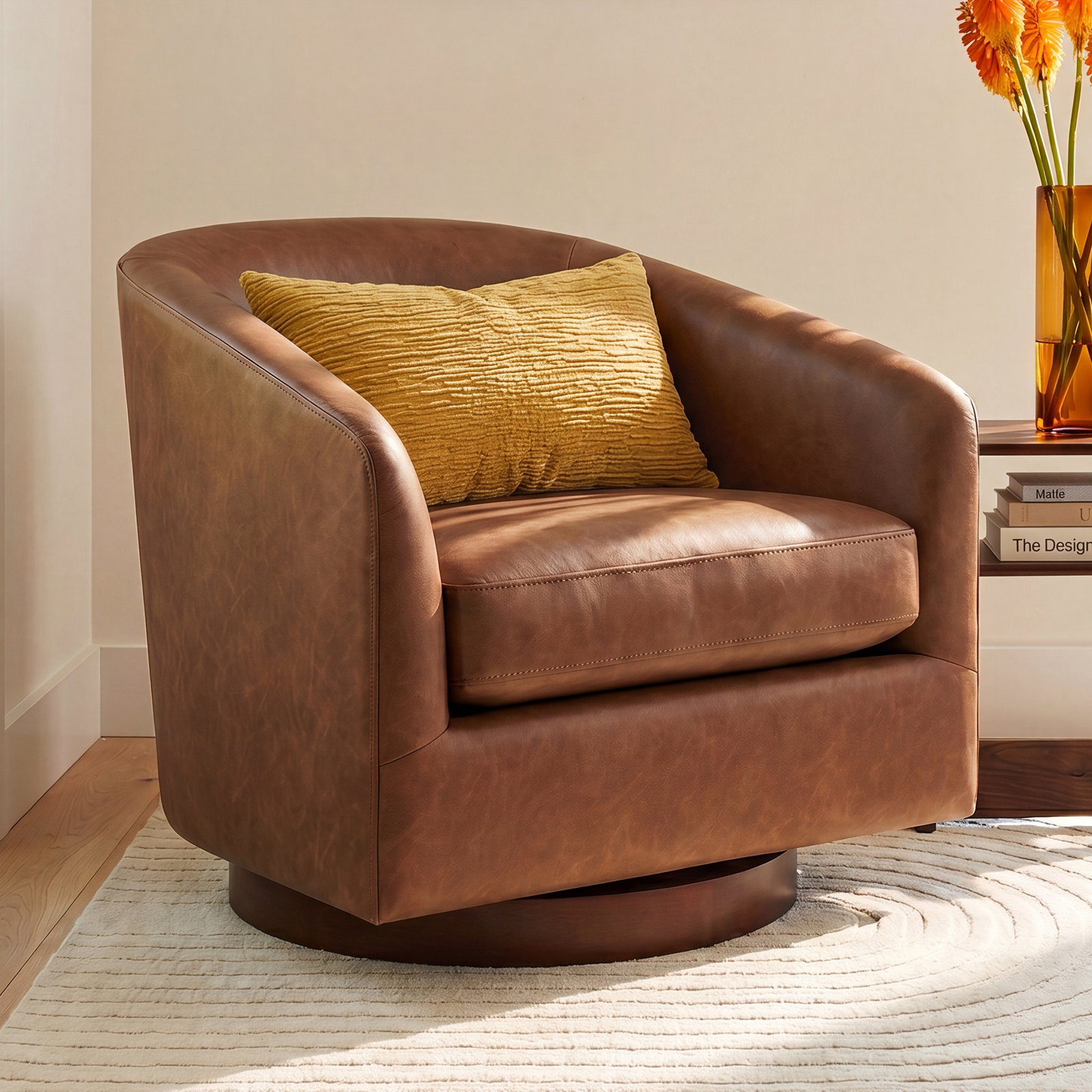 Bennett Vegan Leather Swivel Barrel Chair, Brown Performance Vegan Leather