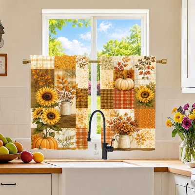 2Pcs Autumn Fall Patchwork Curtains, Sunflower Pumpkin Plaid Leaf Print, Light Filtering Window Panels, Rod Pocket Draperies for Living Room Bedroom Balcony Kitchen Home Decor