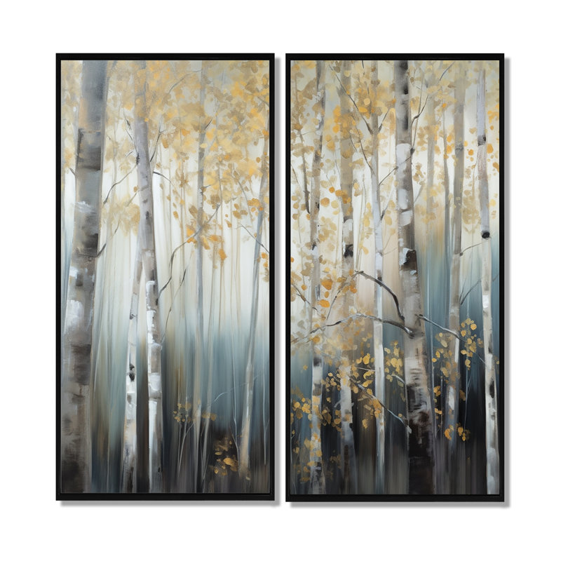 «Birch Tree Dense Forest» - Art mural grand arbre 2 pièces, 40" H x 40" W, Black, Impression encadrée flottante