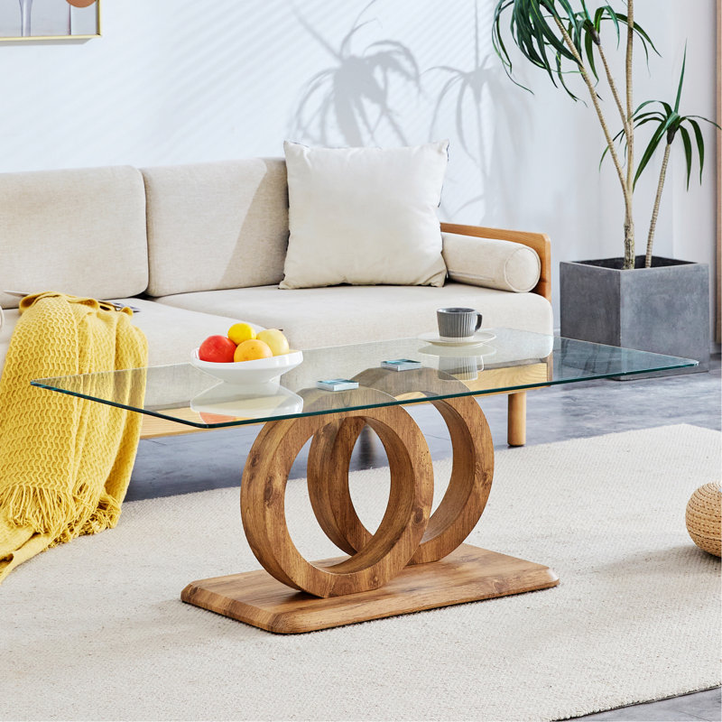 Coffee Table With Glass Top For Living Room, Clear/Natural Wood