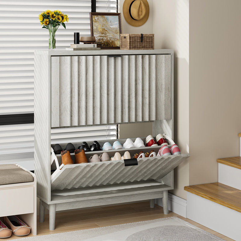 Armoire à chaussures avec 2 tiroirs rabattables, range-chaussures autoportant, bois gris