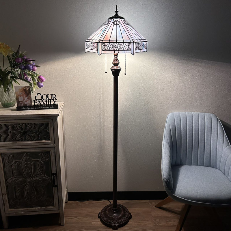 Sehnaz Tiffany Floor Lamp Sky Color Stained Glass Hexagon Mission Metal Base LED Bulbs Included 16"W*16"D*64"H*