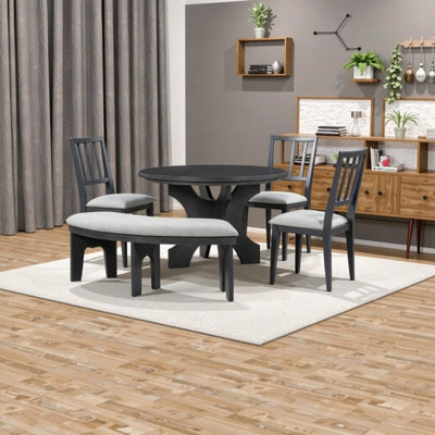 5-Piece Rustic Round Dining Set With Upholstered Chairs And Curved Bench For Kitchen Dining & Living Room