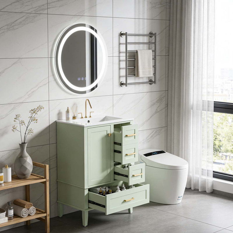 Meuble-lavabo moderne avec lavabo en céramique, porte à fermeture en douceur et plusieurs tiroirs pour un rangement efficace