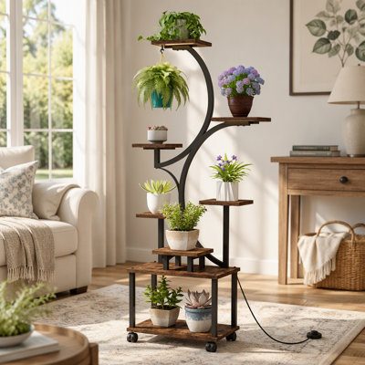 Support pour plante d'intérieur avec lumières de croissance - tablette de plante haute de 62 po, supports de plante d'angle éclairés pour la culture en intérieur, grand support à fleurs à 8 niveaux, support décoratif en forme de S pour le salon (WALNUT COLOR)