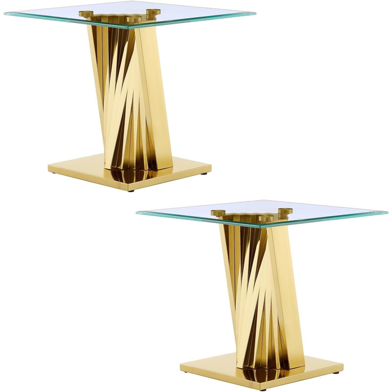 Clear Glass End Table Set Couch Side Table With Gold Geometric Base Set Of 2