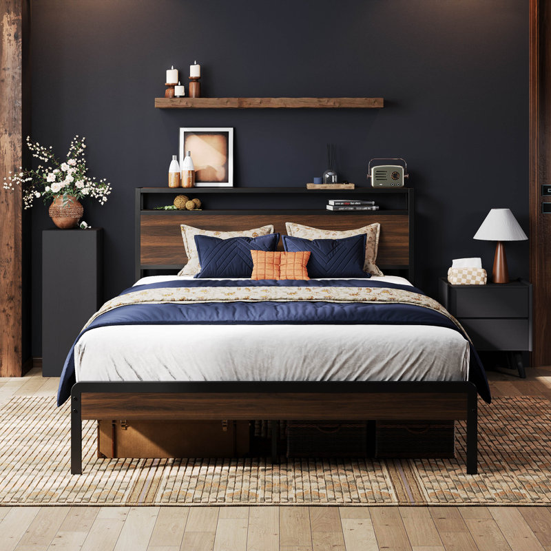 Full Bed Frame with Headboard, Walnut Wood Finish, Strong Metal Supports, Sturdy, Noise-Free, No Box Spring Needed, Full