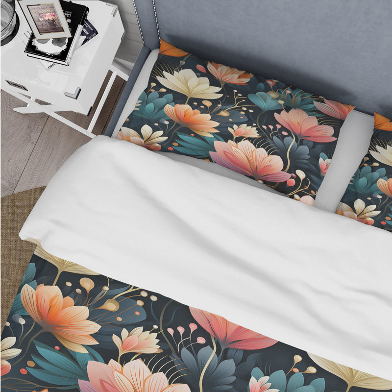 Corail et vert Floral Elegance Fantasy - Ensemble de housse de couette floral