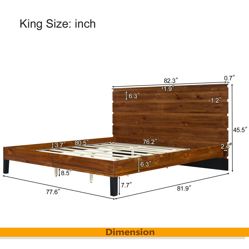 Mid-Century Modern Solid Wood Bed Frame, King