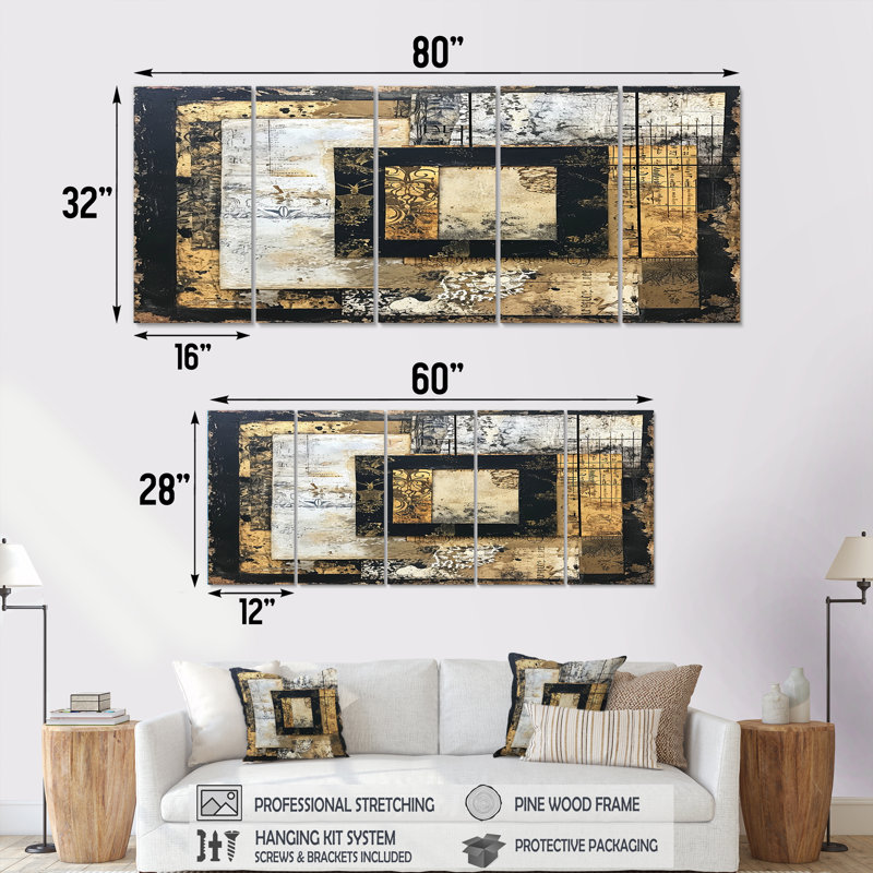 «Eernal Moments Vintage Frame Collage - Abstract Collages», art mural 5 pièces, H 28 po x l 60 po