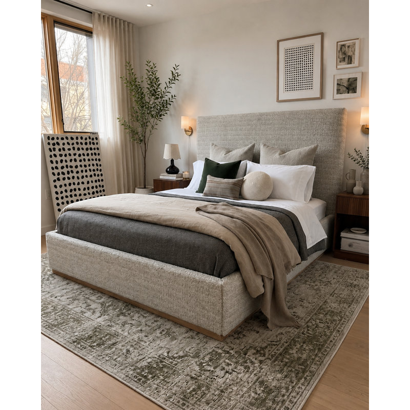 Modern Platform Bed with Tall Upholstered Headboard, King, Cream