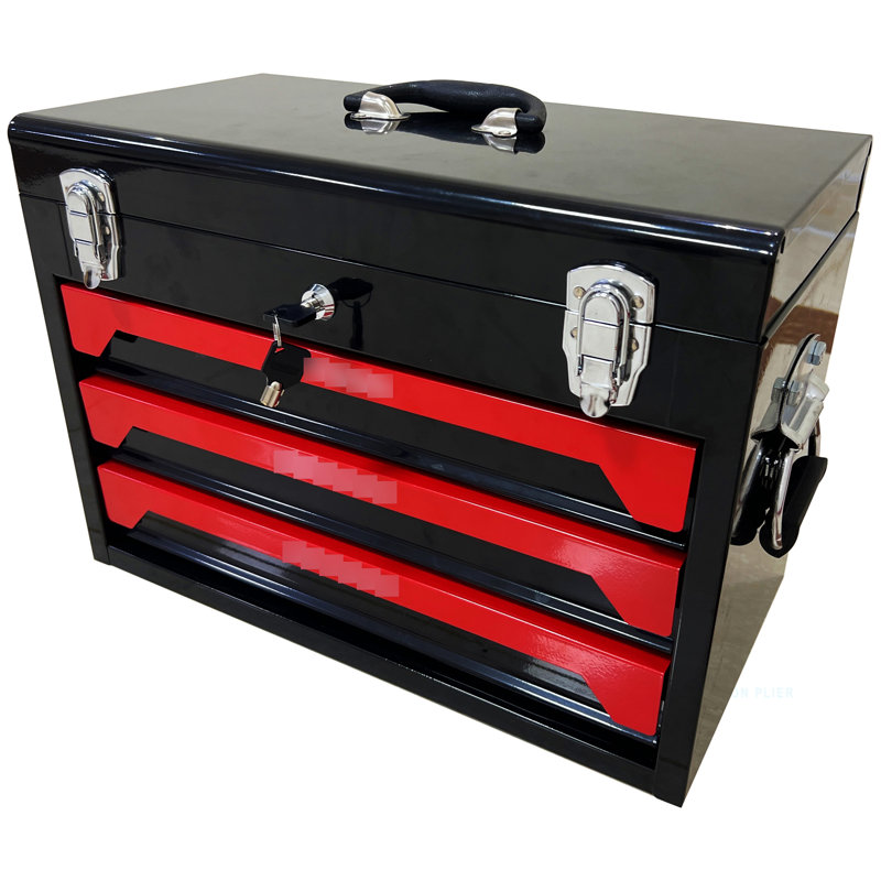 Boîte à outils 20 po 3 en acier avec outils, noir et rouge, et métal, plateau de rangement supérieur, poignée de transport pour le garage, la maison, outils portatifs d'établi, noir rouge, matériau robuste, glissière à roulement, multiple