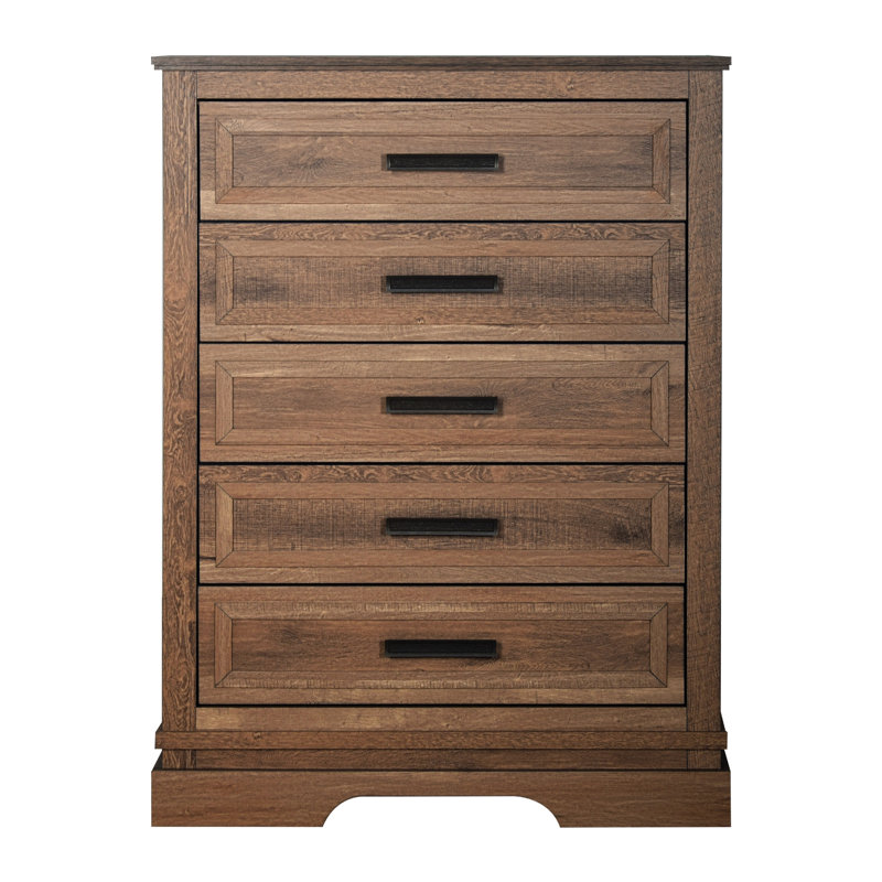 Commode haute Covy, finition en bois brun pacane, 5 tiroirs
