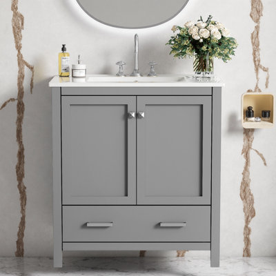 Meuble-lavabo de 30 po avec lavabo simple - lavabo en céramique encastré, 2 portes à fermeture douce et 1 tiroir - étagères de porte intégrées et cloison de tiroir - armoire de rangement autoportante pour petites salles de bain, style transitionnel