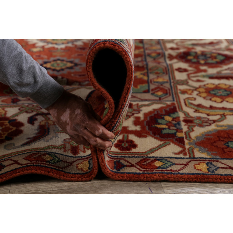 Tapis rouge / beige en laine noué à la main de conception unique 9 pi 9 po x 13 pi 4 po Indo Heriz Serapi