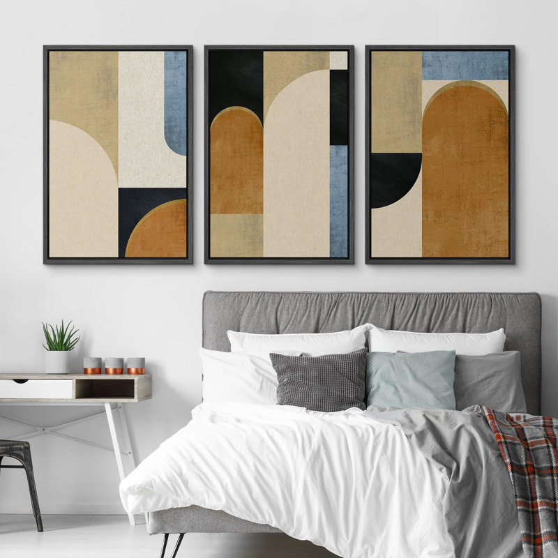 "Motif géométrique beige à blocs abstraits de style Mid-Century moderne, décor de chambre à coucher chic", 3 pièces, Noir