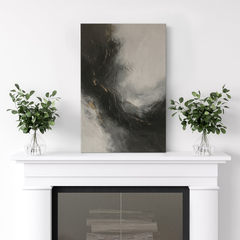 Reproduction abstraite sur toile noire et grise pour décoration de salon, H 24 po x l 16 po, Sans cadre, Toile tendue