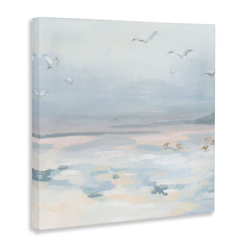 Pastel Coastal Landscape Canvas Print with Seagulls, 17" x 17"