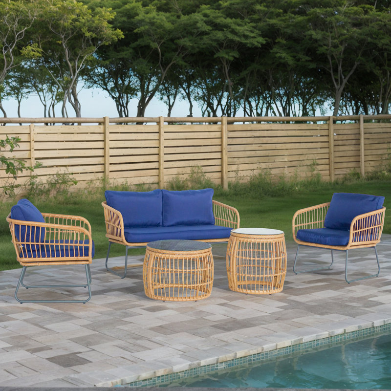 Ensemble de mobilier de jardin Gonneke pour 4 personnes avec coussins et 2 tables basses, Bleu