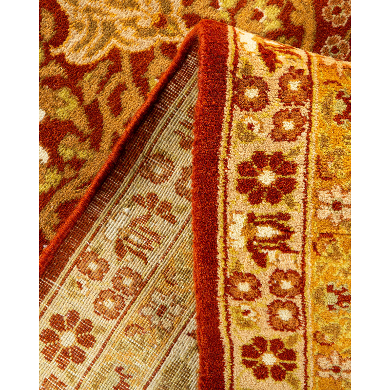 Tapis orange / beige / jaune en laine noué à la main de conception unique 6 pi 1 po x 9 pi 5 po Tyrod Mogul