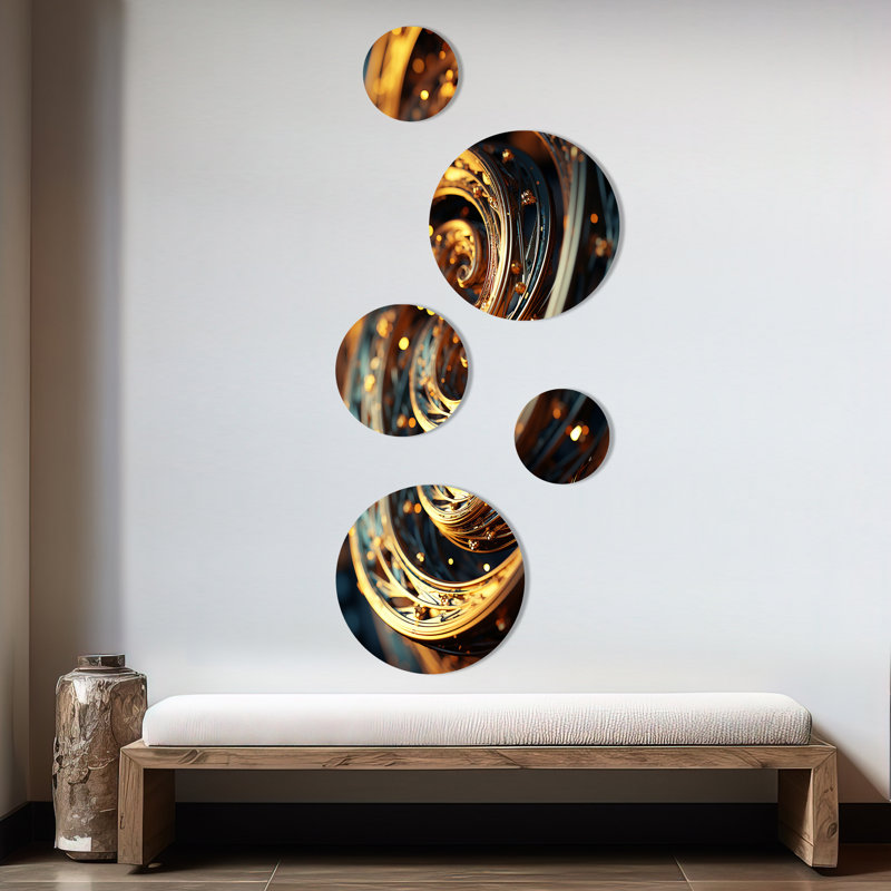 «Bright Gold Black Spiral II», ensemble d'art mural rond en spirales abstraites de 5