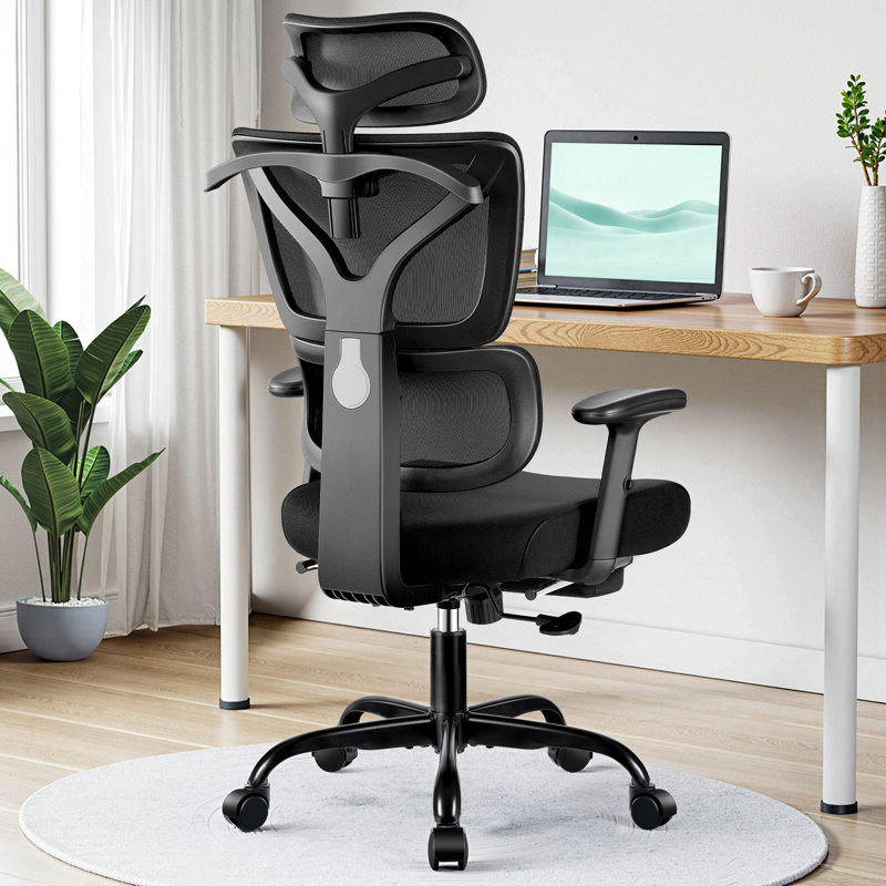 Baram Home Office Ergonomic Mesh Task Chair with Headrest and Footrest, Black, Black