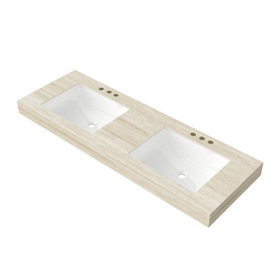 60" MURI Roma Travertine-Pattern Sintered Stone Countertop and 2 Undermount Ceramic Basins Each with Three Standard Pre-drilled Faucet Holes, NO Cabinet, NO Faucet and Sink Cover 