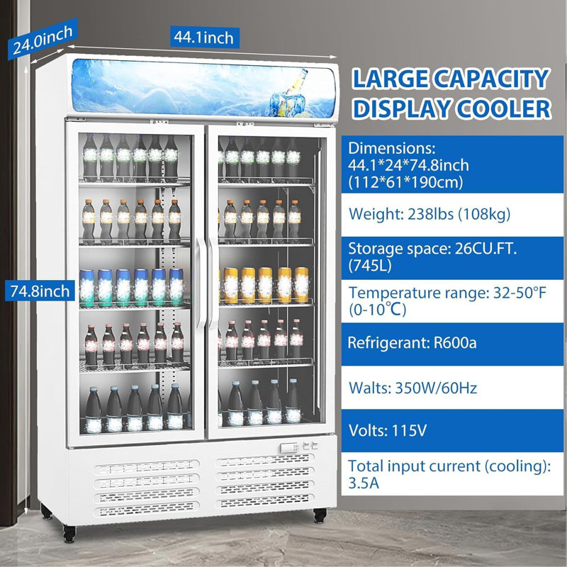 Beverage Refrigerators, Display Fridge 26 Cu.Ft, Commercial Refrigerators With Adjustable Removable Shelves And LED Light, Stand Up Freezer, Drink Fridge For Home Restaurant Stores, White
